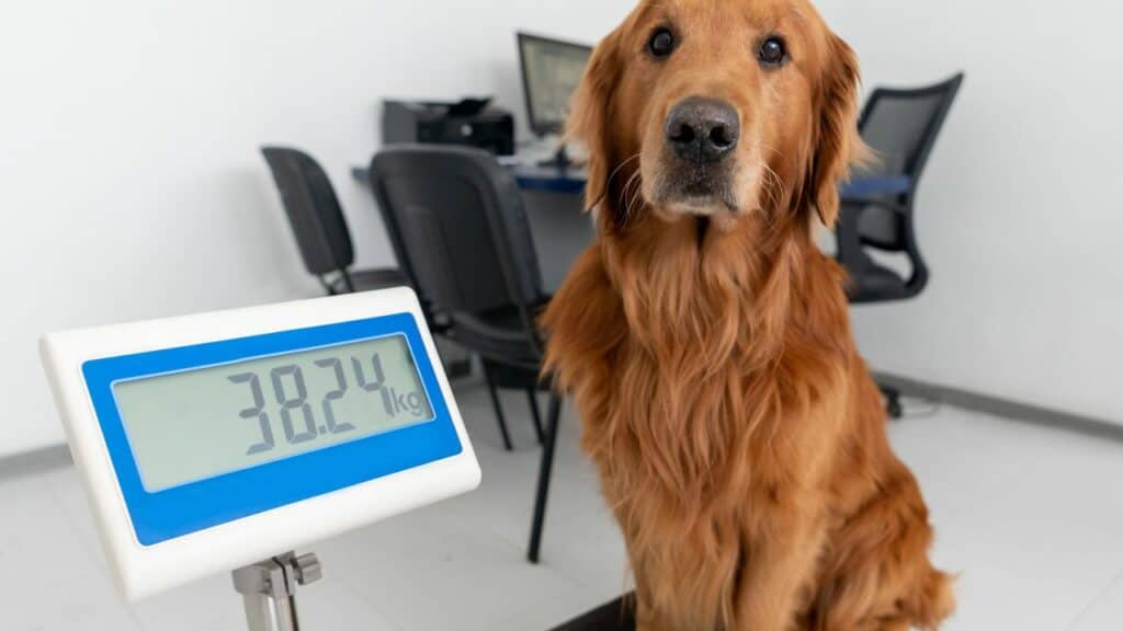 brown dog on a scale to weight