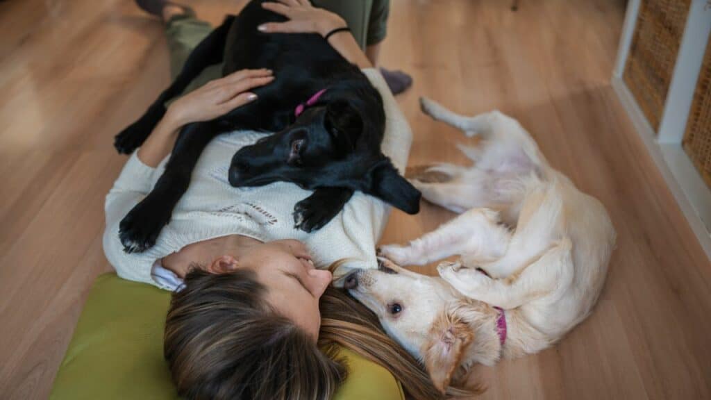 woman cuddling with two dogs