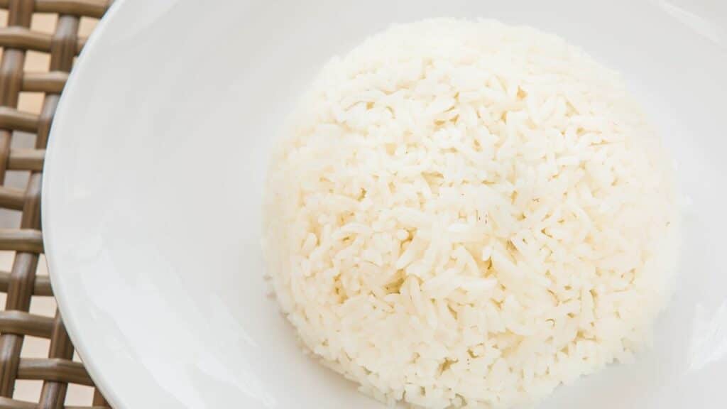 white plate with jasmine rice on it