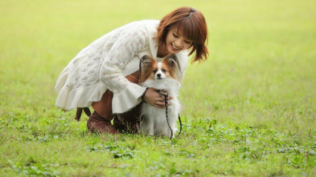 woman petting a little white brown dog on the grass